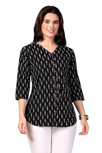 Image of Women's Black Printed Cotton Kurti Top | Stylish Ethnic Wear Kurta for Office, Casual 3 /4 Sleeve Button Front Tunic