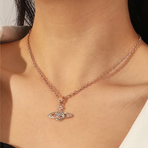 Saturn Necklace Planet Necklace Crystal Rhinestone Necklace Y2k Aesthetic Pendant Necklace for Women Girls Best Friend Girlfriend Birthday Anniversary Jewelry Gift, silver2
