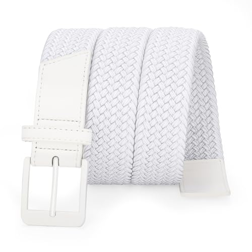 SANSTHS Elastic Braided Golf Belt for Men Women, Stretch Webbing Belt with Metal Buckle for Golf Travel Casual Wear, White S