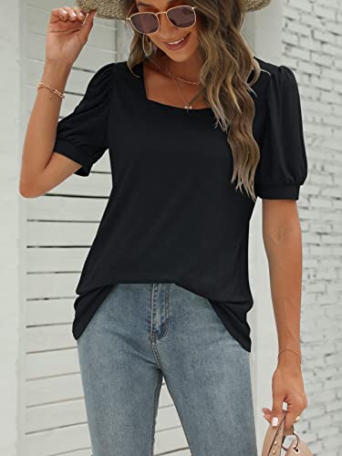 Adreamly Womens Tops Casual Summer Square Neck Puff Sleeve T Shirts Loose Fit Tunic Tops Black Large #TOP2