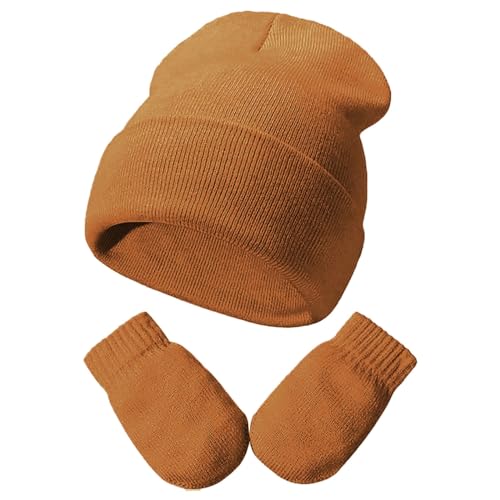 Image of Scarf Hat Set Boys Girls Boys Soft Baby Hats for Toddlers Knitted Winter Hats with Glvoes Rainbow Scarf, gold, 3-24 Monate