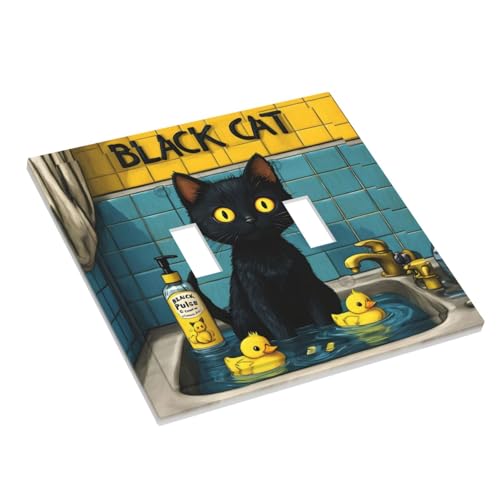 Decorative Light Switch Cover Plate Novelty Black Cat Funny Duck Bath 2 Gang Wall Plate Oversized Double Toggle Two Switch Wall Cover Plate Dual Device Faceplate