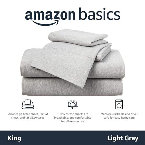 Image of Amazon Basics 4 Piece Bed Sheets Set, 100% Cotton Jersey, Includes Super Soft, Flat and Fitted Sheets, Pillowcase, King, Light Gray, Solid