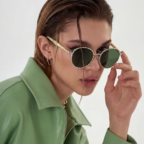 CARFIA Retro Round Polarized Sunglasses for Women UV Protection Acetate Arms Metal Frame Driving Glasses Green Lens — view 2