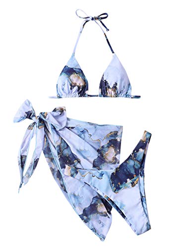 SOLY HUX Women's Wrap Triangle Bikini Bathing Suits with Mesh Beach Skirt 3 Piece Swimsuits Marble Multi S