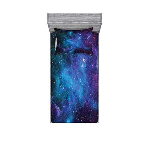 Ambesonne Outer Space Fitted Sheet & Pillow Sham Set, Galaxy Stars In Space Celestial Astronomic Planets In The Universe Milky Way, Decorative Printed 2 Piece Bedding Decor Set, Twin, Navy Blue #TOP16