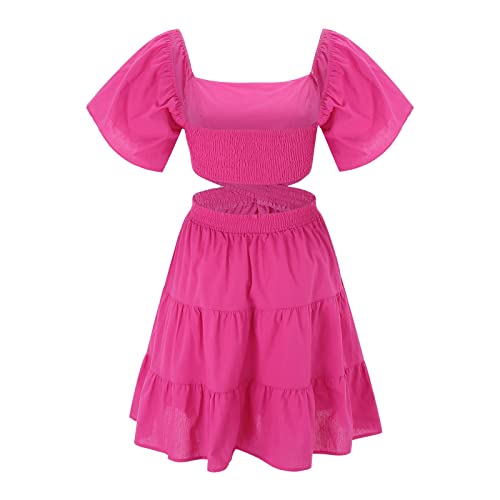 Bibokaoke Womens Cow Costume Dress Women's Summer Cut Out Casual Short Sleeve Dress Sweetheart Midi Dress For Women Casual Summer Hot Pink #TOP1