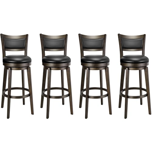 Swivel Bar Stools Set of 4, 32 in Tall, Black Faux Leather with Wood Legs