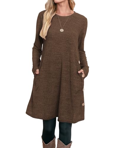 OFEEFAN Chocolate Brown Fall Clothes Fall Dresses for Women 2025 Sweater Dress Winter Long Sleeve Dress Brown XL - Thumbnail 3