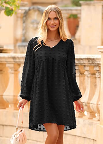 Kirundo Womens Dresses 2023 Fall Long Sleeve Mini Dress V Neck Flowy Casual Swiss Dot Loose Babydoll Maternity Dress(Black, X-Small) #TOP2