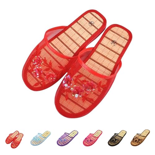 Chinese Mesh Slippers for Women, Summer Floral Hollow Chinese Mesh Floral Slippers, Breathable Bamboo Sandal