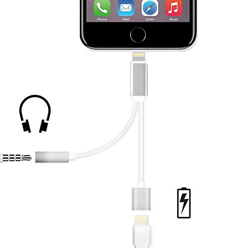Outtek iPhone 7 / 7 Plus 2 in 1 Lightning Charging Cable 3.5mm Headphone Adapter and Lightning Charging Port Extension Cable for Apple Device (silver)