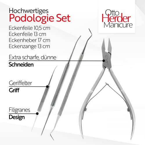 Otto Herder Manicure Zestaw do pedicure składający się z szczypiec do paznokci, pilników narożnych i podnośników narożnych, przeciwko wrastającym paznokciom u stóp, profesjonalny zestaw do pielęgnacji