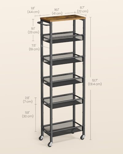 Image of VASAGLE 6-Tier Slim Rolling Storage Cart, Narrow Kitchen Cart with Wheels, Utility Organizer, 17.9 x 8.7 x 51.7 Inch, for Bathroom Pantry, Rustic Brown and Matte Black, Dacey Collection ULRC039K101