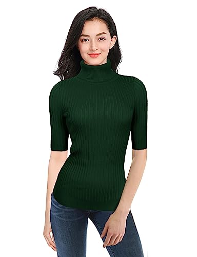 Image of v28 Women Turtleneck 1 /2 Half Sleeve Highly Stretchy Ribbed Knit Fitted Sweater