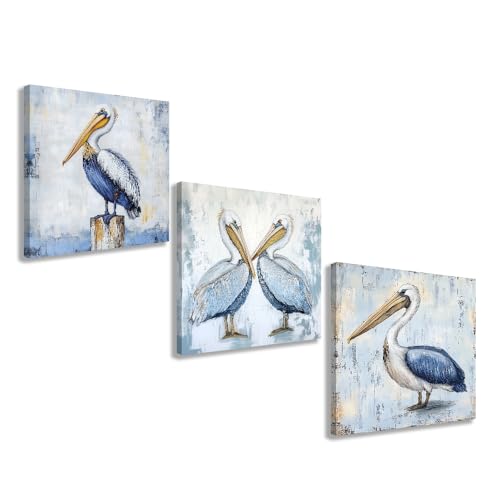 SWQYLB Pelican Canvas Wall Art 3 Piece Sea Bird Pictures Coastal Bathroom Pelican Decor Beach Animal Prints Framed Set Blue and White Wall Decor (12"x12"x3)