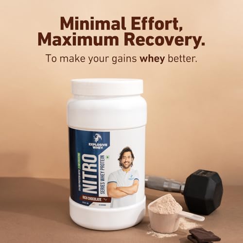 Image of Explosive Whey Nitro Series Whey Protein - Trusted by M.S. Dhoni | 24g Protein & 3g German Sourced Creatine for Strength, Endurance, & Lean Muscle - 29 Servings - 1Kg, RICH CHOCOLATE
