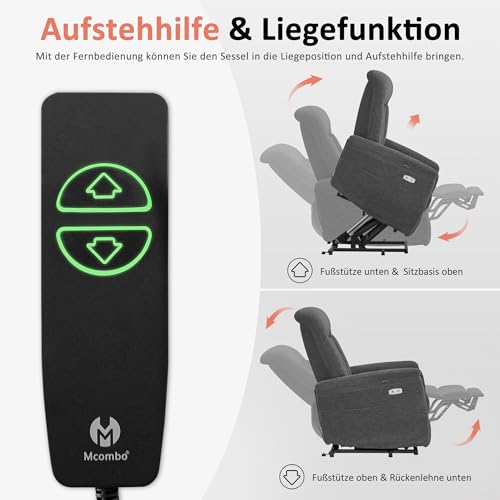 M MCombo Fernsehsessel mit Aufstehhilfe Elektrisch, Sessel mit Aufstehhilfe, Relaxsessel mit Liegefunktion bis 145°35D Vollschaum-Sitzkissen 7117 (Chenille, Grau) – Bild 6