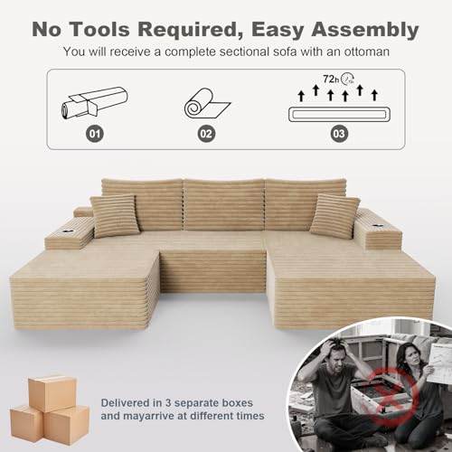Image of 106 inch Cloud Sectional Couch with Ottoman, Modern U Shaped Corduroy Sofa, Higher 17.7 inch Seat Height, 32D Pure Foam, Built in Cup Holders, No Assembly Required (Camel, Left Facing Chaise)
