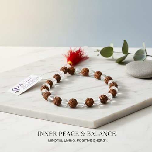 Image of Arihant Gems and Jewels Original Sphatik & Rudraksha Mala 27+1 Beads (8MM) | Natural Crystal Quartz Jaap Mala for Meditation, Yoga & Healing | Authentic Rudraksha Prayer Beads Mala for Men & Women | Energy Balancing Spiritual Necklace.