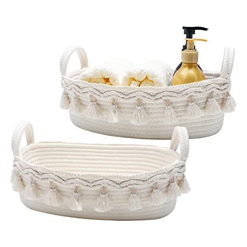 Image of Baskets for Gifts Empty Macrame Cotton Rope Woven Baskets for Organizing Toilet Paper Baskets for Bathroom Decor Decorative Basket for Bedroom Nursery Livingroom Entryway,Set of 2,White