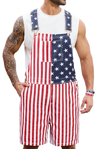 Mainfini Mens American Flag Short Overall Denim Causal Funny Jumpsuit Onesie Memorial Day Pants Graphic Classic Durable Soft Cotton Stars And Stripes Costume Red White And Blue Romper Red XL