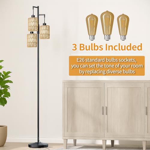 Image of Oneach 70 inch Floor Lamps for Living Room, Stepless Dimmable Boho Floor Lamp with 3 Bulbs, Tall Farmhouse Industrial Corner Standing Tree Lamp for Bedroom, Office, Study Room, Rattan with Linen Shade
