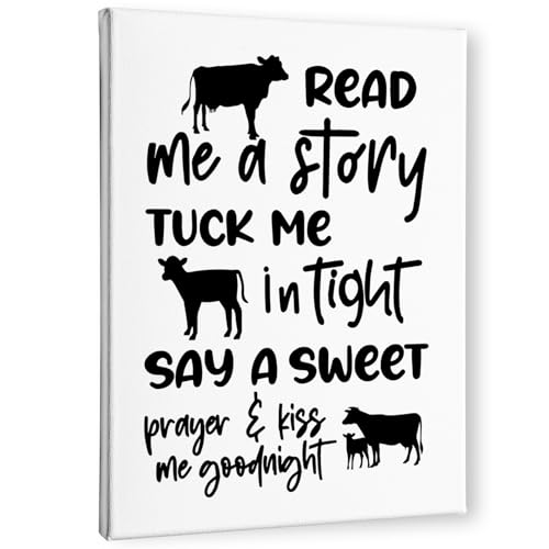 Image of PHAMTE Cow Nursery Wall Decor - Read Me a Story Tuck Me In Tight, Farm Animal Poster Print Framed Canvas Painting for Kids Bedroom Home (11x14 Inch)