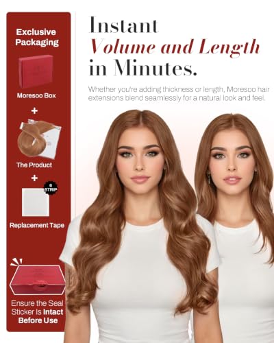 Image of Moresoo Copper Brown Skin Weft Tape in Extensions, 24 Inch, 20Pcs, 50g | Remy straight human hair tape in extensions, seamless tape extensions, extra long length, add length, lightweight wear