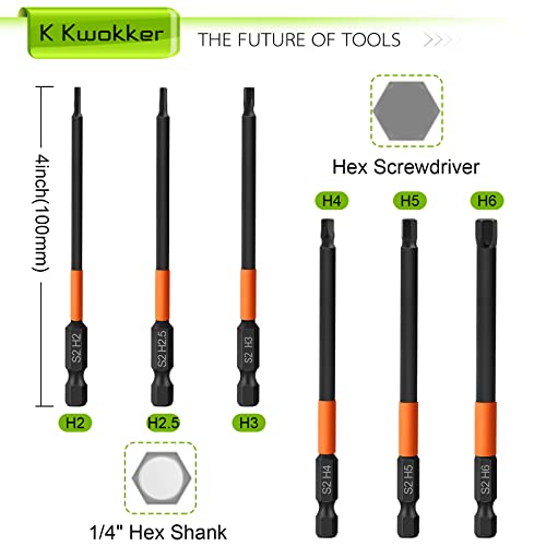 K Kwokker 6PCS 100mm Allen Key Screwdriver Set, S2 Steel Hex Bits Set H2,H2.5,H3,H4,H5,H6 Magnetic Allen Wrench Drill Bit Set - Image 2