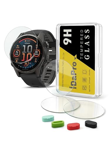 iDaPro [4+4 Pack Screen Protector for Garmin Fenix 8 AMOLED 43mm with Silicone Anti-dust Plugs, 9H Tempered Glass Protection Kit in Reusable Storage Case, Anti-Scratch,Bubble-Free,Easy Installation