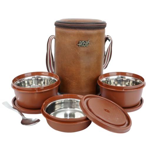 Image of KOI Insulated Lunch Box Set | 3 Inside Steel Containers (290ml, 450ml, 600ml) with BPA Free Lid | Leakproof Microwave Safe Tiffin | Adjustable Shoulder Strap Lunch Bag for Office Travel, Mempish Brown
