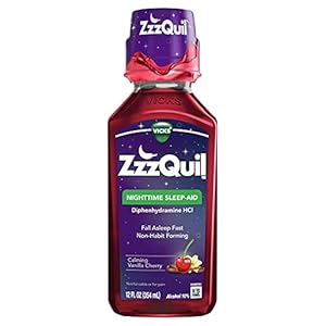 ZzzQuil, Nighttime Sleep Aid Liquid, 50 mg Diphenhydramine HCl, No.1 Sleep Aid Brand, Fall Asleep Fast, Non-Habit Forming, Calming Vanilla Cherry, 12 FL OZ