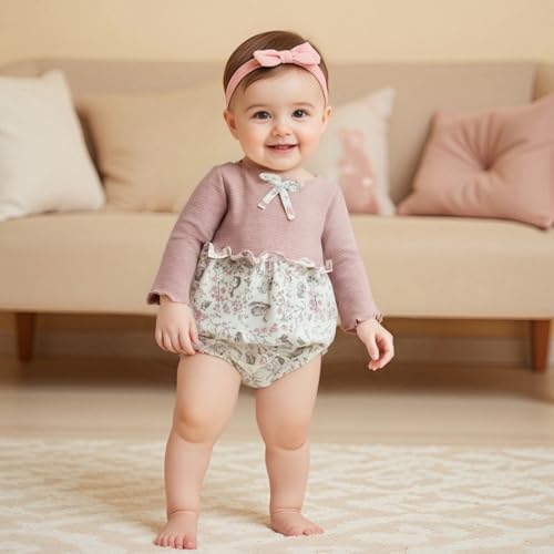 Baby Girl Fall Clothes Newborn Knit Patchwork Bow Bubble Romper Floral Animal Print Onesie Bodysuit Winter Outfits2