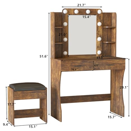 Image of Vabches Vanity Desk with Lights,Makeup Vanity with Power Strip,Dressing Table Set with 2 Large Drawers,Vanity Mirror 3 Lighting Color Adjustable,Rustic Brown