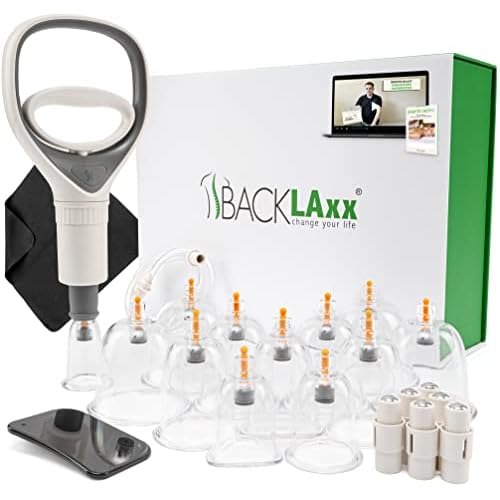 BACKLAXX® Schröpfgläser-Set mit Vakuumpumpe | 12 Stk. | Schröpfset mit Pumpe aus bruchsicherem Schröpfglas (Kunststoff) | Therapiemagneten | Schröpfen-Set inkl.Videokurs & eBook | Cupping Set