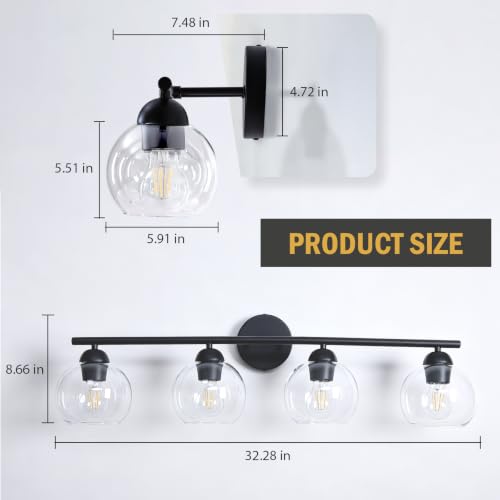 Image of 4 Light Bathroom Vanity Light, Black Vanity Light with Globe Glass Shades, Farmhouse Bathroom Light Fixtures Over Mirror, Modern Wall Light Fixture for Bedroom Hallway, E26 Socket