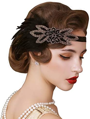 SWEETV 1920s Flapper Feather Headband, 20s Sequined Showgirl Headpiece, Gatsby Hair Accessories for Women (Black)