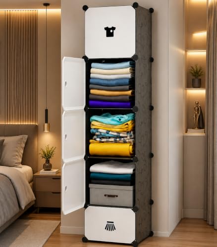 Image of EXVITO 5 Door Kids Plastic Wardrobe for Clothes, Foldable Plastic Almirah for Clothes, Collapsible Wardrobe for Storage, Baby Cupboard for Clothes, Storage Rack for Kids - Black