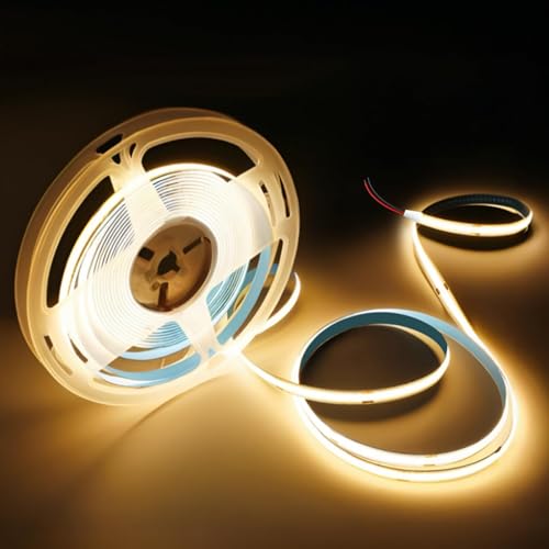 5M COB LED Strip, 12V Warm White 3000K LED Strip Lights 8mm Width Tape Lights Flexible CRI90+ Uniform Dotless 320LEDs/M for Bedroom Kitchen Under Cabinet Home Decor(No Power Supply)[Energy Class E]
