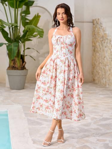 Image of KUTUMAI Summer Floral Corset Midi Dress Halter Smocked Sundress Flowy A Line Beach Wedding Guest Dresses for Women 2025