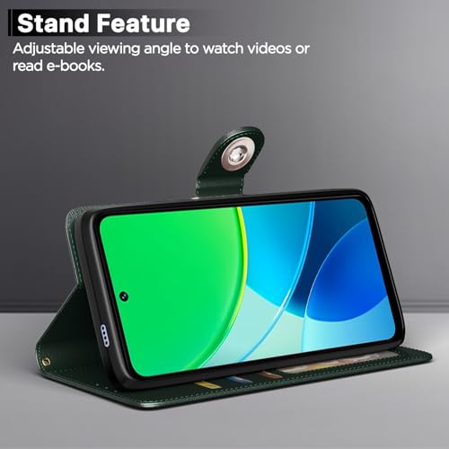 Image of Pikkme Flip Cover Leather Finish | Inside TPU with Card Pockets | Wallet Stand and Shock Proof | Complete Protection Button Flip Case for Vivo Y19s(Green)