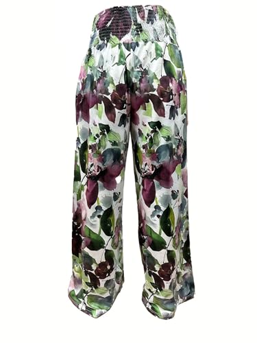 TIAFORD Wide Leg Palazzo Pants for Women Floral Printed Elastic High Waist Linen Pants Flowy Beach Trousers with Pocket3