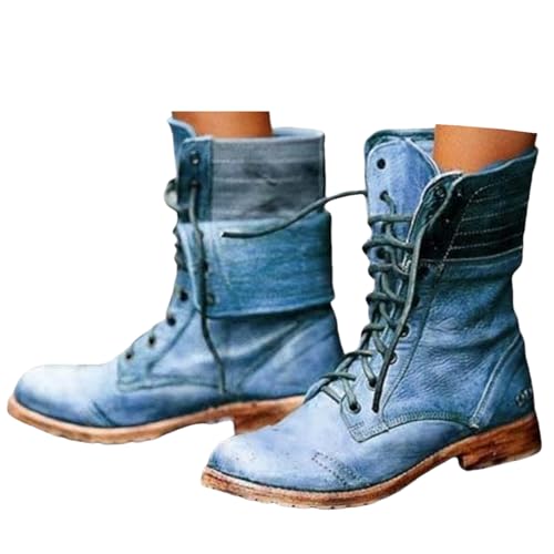 Ladmiple Boots For Women Ankle Booties Western Biker Boots Mid Calf Low Heel Motorcycle Fashion Combat Riding Military Boots