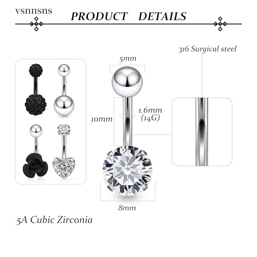 Vsnnsns 14G Belly Button Ring Piercing Jewelry 316L Stainless Surgical Steel Heart CZ Pearl Butterfly Flower Navel Rings Dangle Belly Button Ring Navel Piercing Jewelry for Women Men Hypoallergenic3