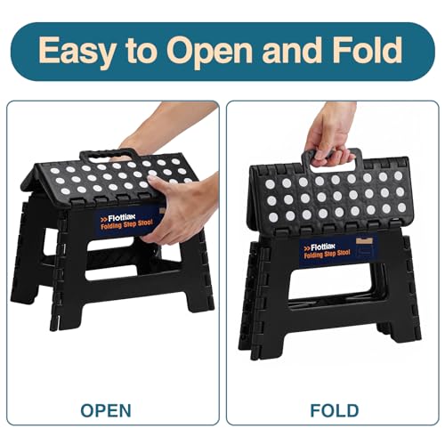Image of Flottian 9 inch Folding Step Stool for Adults and Kids Holds Up to 300 lbs,Non-Slip Folding Stools with Portable Handle, Compact Plastic Foldable Step Stool for Bathroom,Bedroom, Kitchen Black