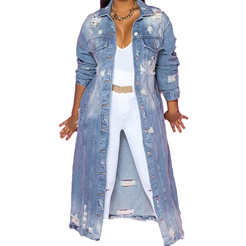 JEsilunmaMY Plus Size Jean Jacket for Women Long Sleeve Button Down Loose Denim Coat Loose Oversized Distressed Trench Coats (Light Blue,3X-Large)
