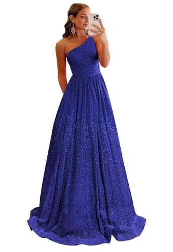 One Shoulder Sequin Prom Dress for Women Sparkly Long Ball Gown Evening Dress with Pockets