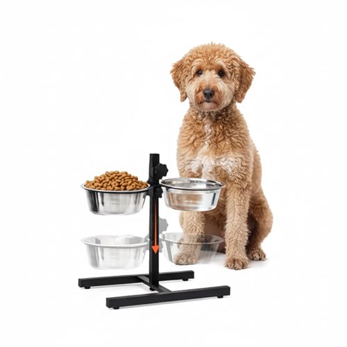 Avilia – Porta Ciotole Rialzato Regolabile 10-45 cm con 2 Ciotole Acciaio Inox 1L, Supporto Ciotole Cani Gatti Ergonomico, Migliora Postura e Digestione, Base Stabile Antiscivolo.