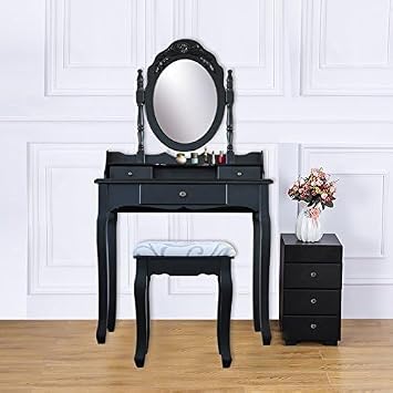 K KILIPES Vanity Makeup Dresser Table Set Bedroom Furniture with Cushioned Padded Stool & 3 Drawers Mirror Wood Dressing Table Stool Set